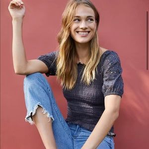 Eyelet Smocked Puff Sleeve Top